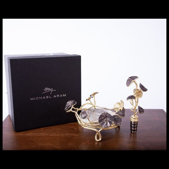 MICHAEL ARAM MONET’S GARDEN GOLDEN SUNSET WINE COASTER & STOPPER SET - Picture 1 of 4